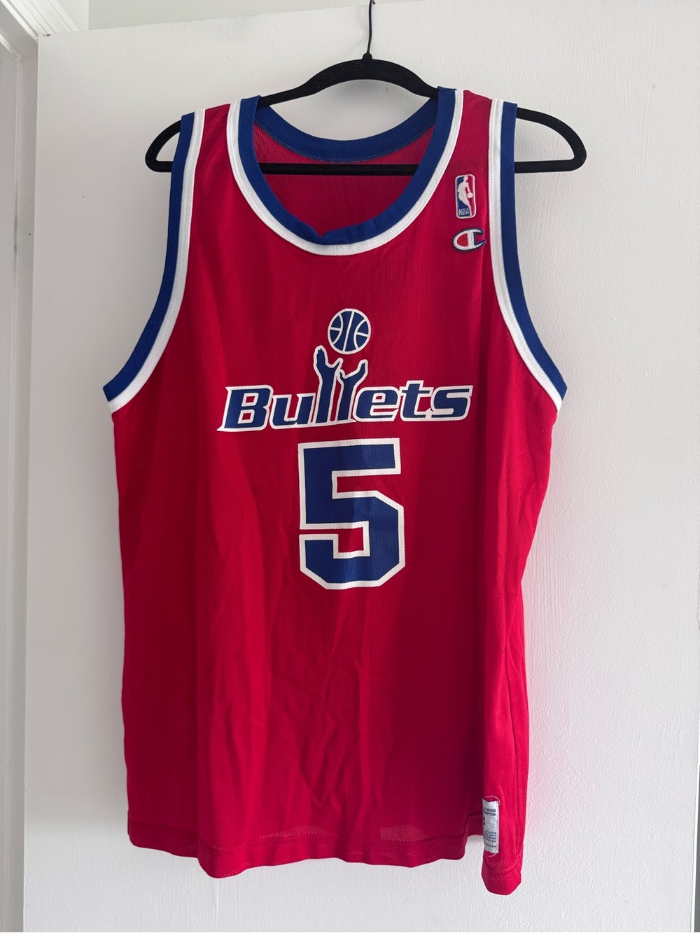 Champion Red Bullets #5 Basketball Jersey with Blue & White Trim